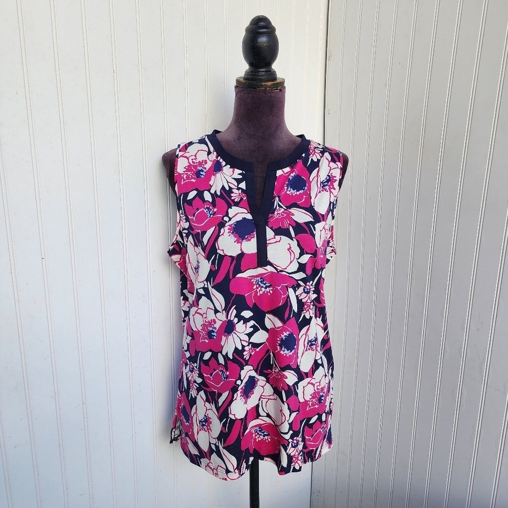 NWT Talbots Summer Top Split Neck Fushia Pink Floral Print Sleeveless Womens L